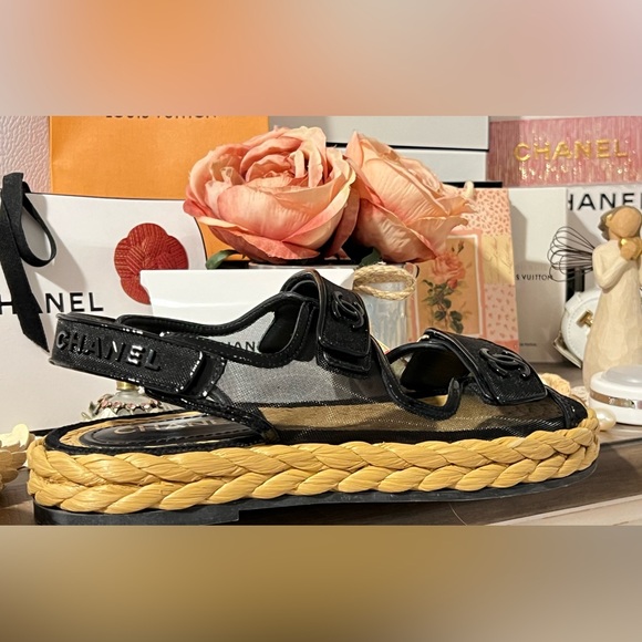 LOGO CHANEL Dad Sandals 22P Black Raffia Mesh Leather Shoes CC Logo Flats Size39 - Picture 6 of 16
